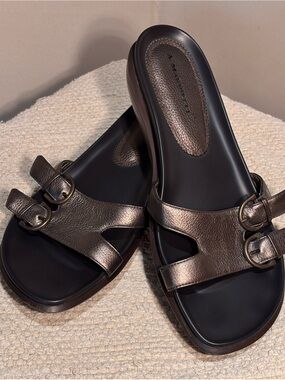 A. Marinelli Metallic Bronze Slide Mules with Buckle Details